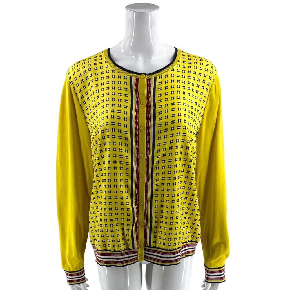 Talbots Womens Cardigan Sweater Size XL Yellow Red Blue Mixed Media Button Up